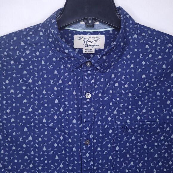 Original Penguin Shirt Mens XL Navy Holiday Print Heritage Slim Fit Ski - Picture 1 of 12